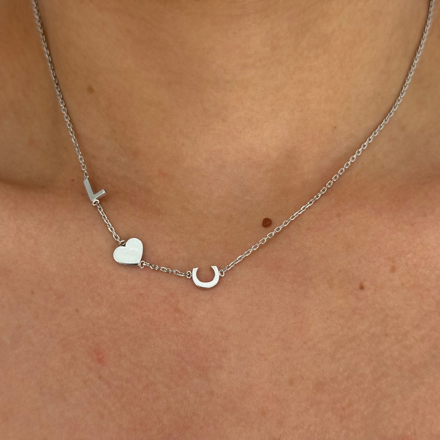 Double Initial Heart Necklace Silver
