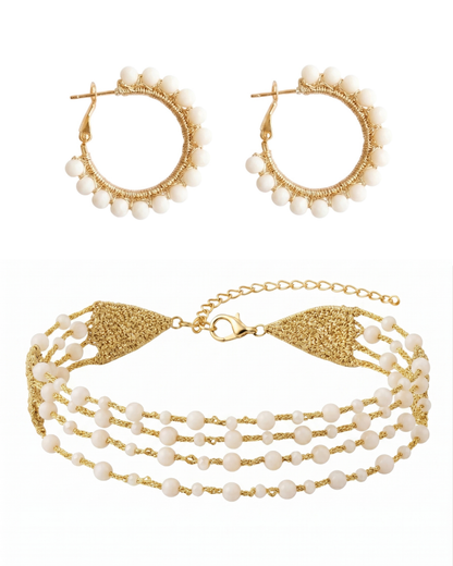 Pack Pendientes y Choker Borlas Marfil