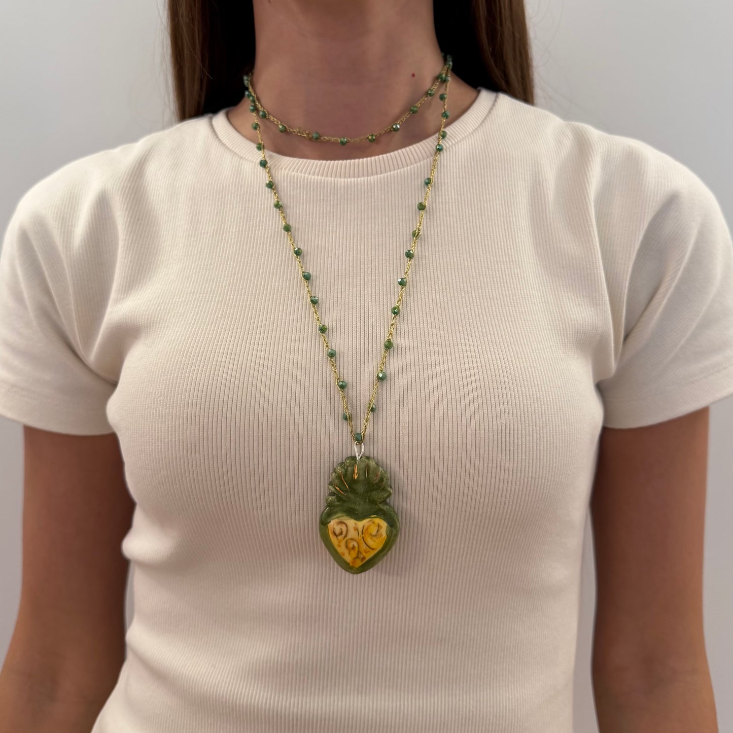 Collar Corazón Verde y Amarillo