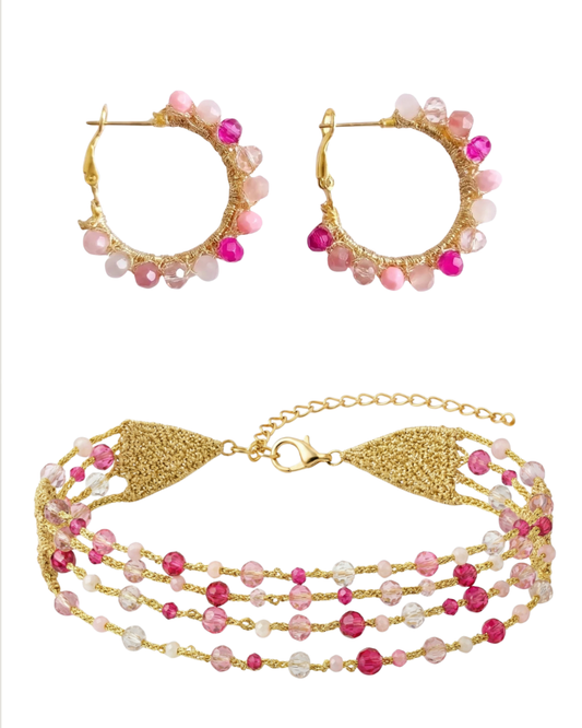 Pack Pendientes y Choker Borlas Rosa