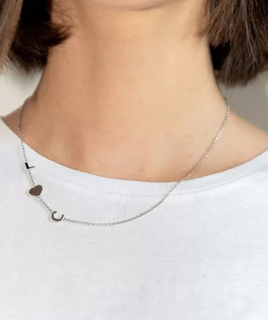 Double Initial Heart Necklace Silver